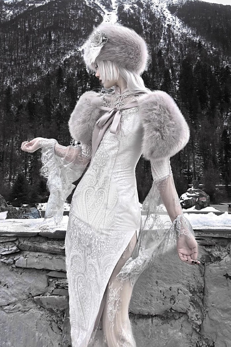Silver [The Call of the Snow Country] V Collar Long Sleeves High Waisted Ruffle Lace Gothic Lolita Fishtail Dress - Product - 6