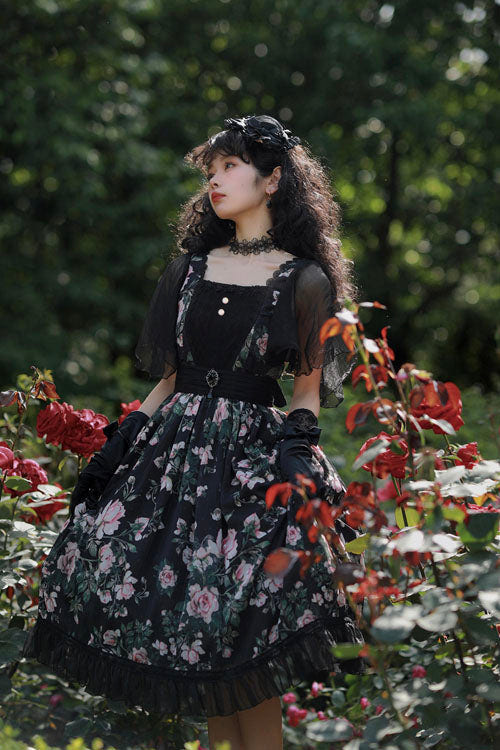 Black Elegant Vintage French Rose Print Square Collar Ruffled Classic Lolita OP Dress - Product - 3