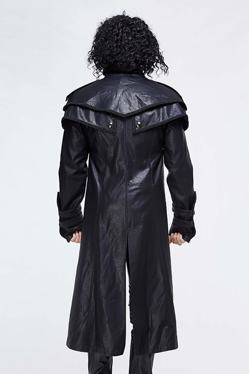 Black Punk Short Front And Long Back Cape Style Long Leather Mens Coat - Product - 3