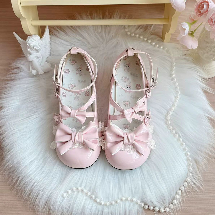 Bowknot Cross Bandage Kitten Shaped Special Heel Mid-Heel Shoes 5 Colors - Pink - 1