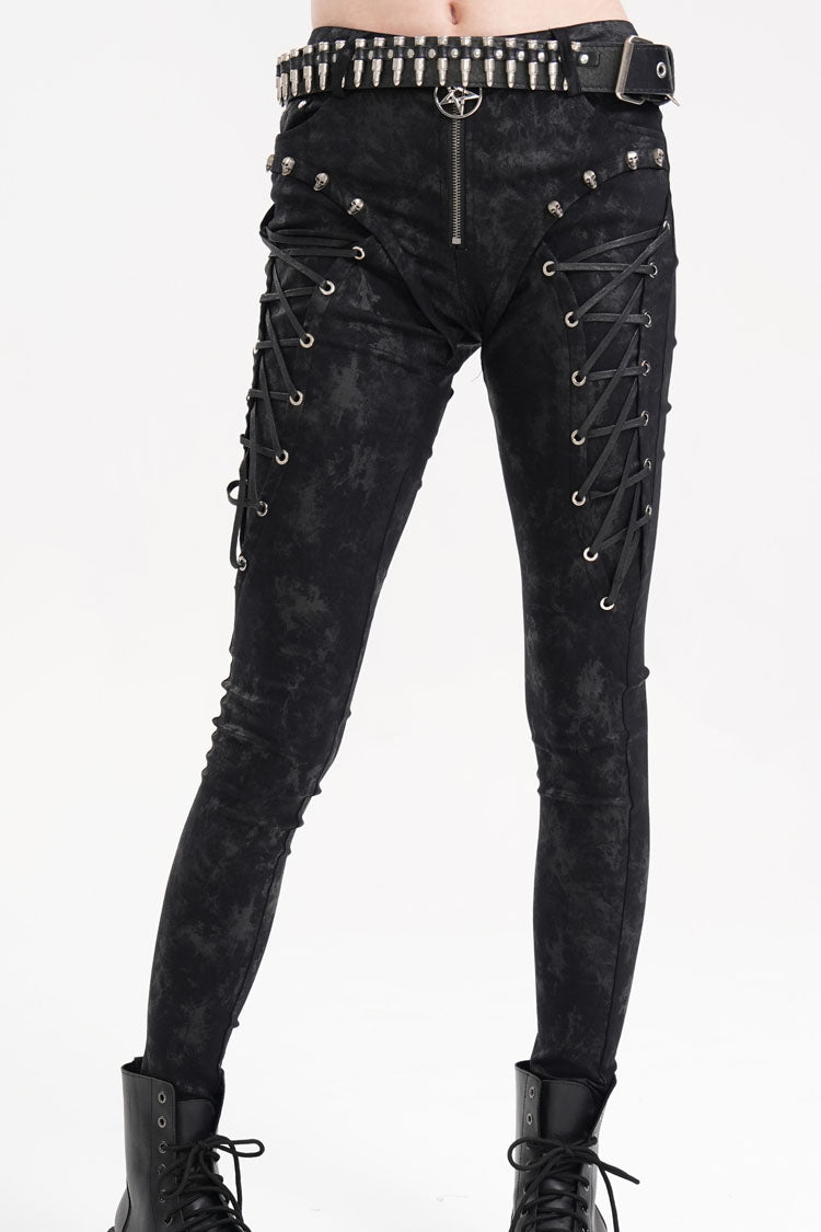 Black Skull Rivets Lace-Up Women's Punk Pants - Product - 9