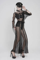Black Round Collar Long Sleeves Cut-Out Sheer Eyelet Women's Punk Bat Cross Mesh T-Shirt - Product - 8