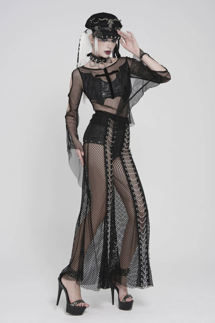 Black Round Collar Long Sleeves Cut-Out Sheer Eyelet Women's Punk Bat Cross Mesh T-Shirt - Product - 8