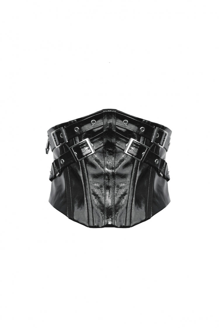 Black Lace-Up Buckled Women's Punk Patent Leather Underbust Corset - Product - 3