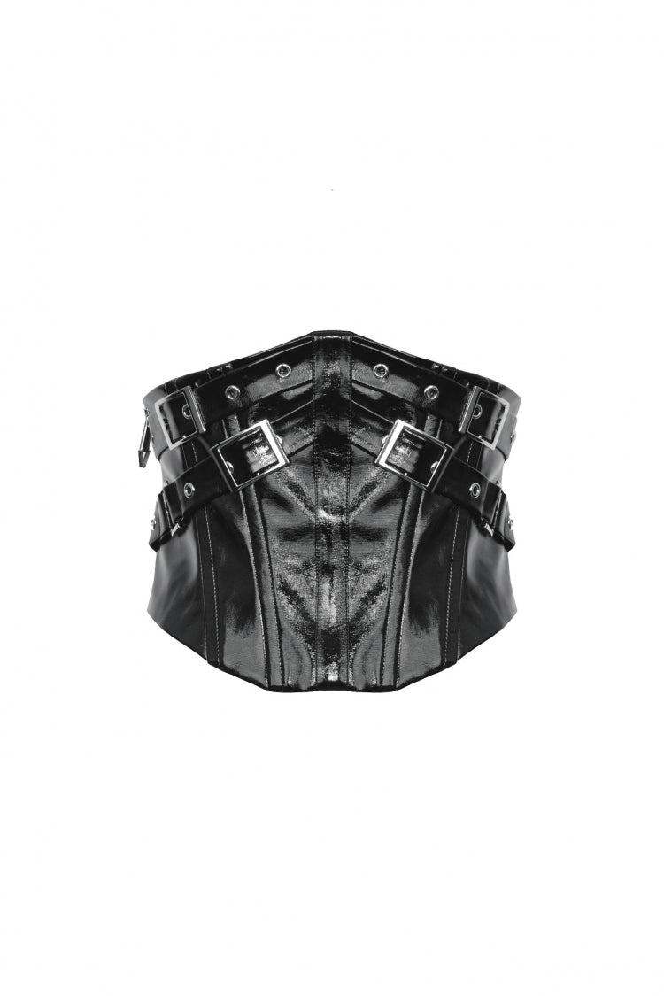 Black Lace-Up Buckled Women's Punk Patent Leather Underbust Corset - Product - 3