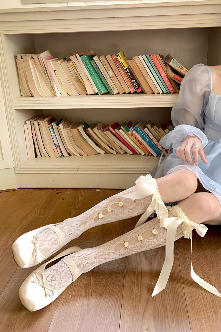 Flower Cut-Out Lace Bow Sweet Lolita Stockings 2 Colors - Product - 5