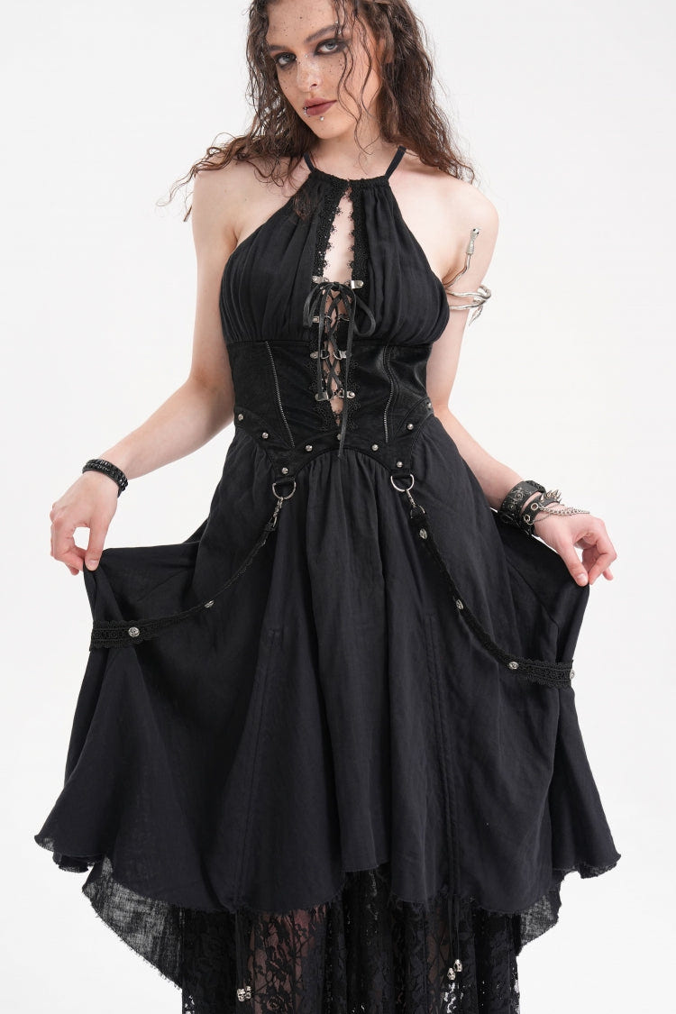 Black Halterneck Hollow Lace Women's Gothic Strap Maxi Dress - Product - 4