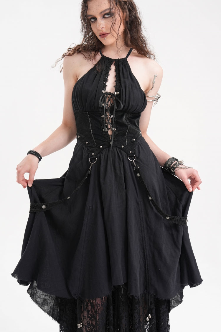 Black Halterneck Hollow Lace Women's Gothic Strap Maxi Dress - Product - 4