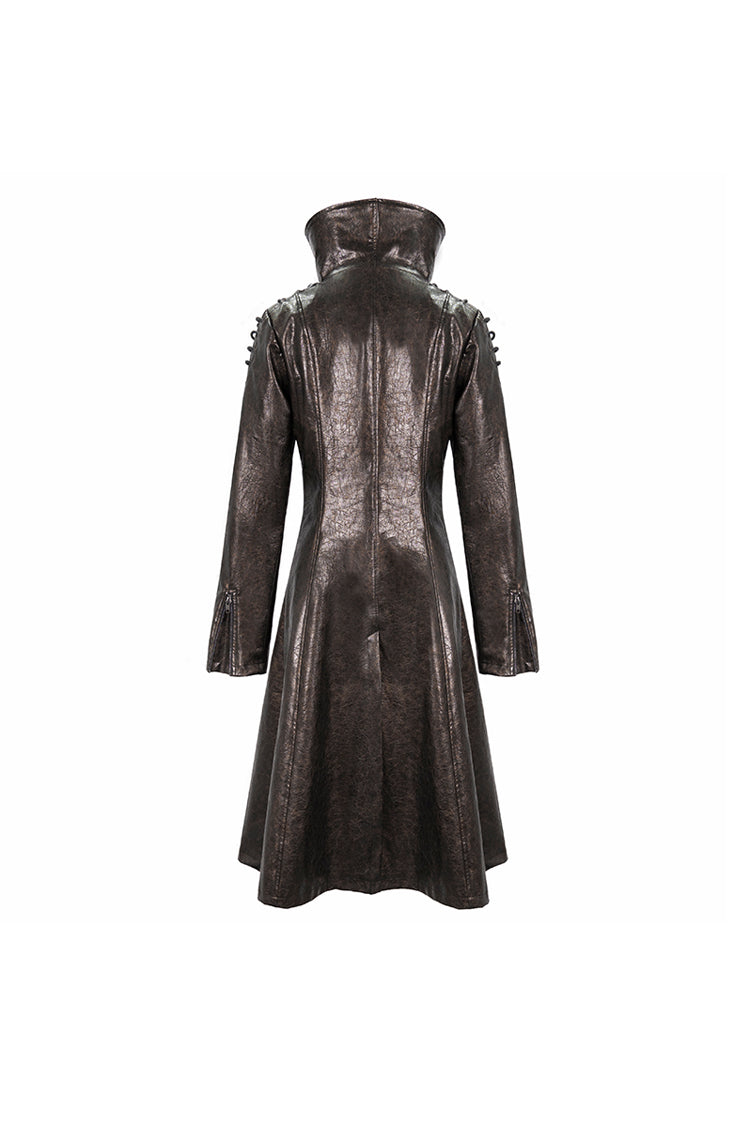 Brown Large Neckline Design Shoulder String Decoration Long Leather Women's Punk Jacket - Product - 8