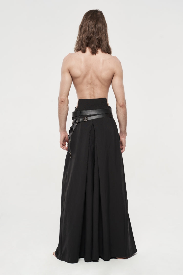 Black Asymmetric Buckled Men's  Japanese Punk Warrior Pantskirts With Harness - Product - 5