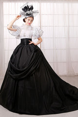 White/Black Stitching Short Sleeves High Waisted Back Zipper Bowknot Victorian Lolita Prom Dress - Product - 2