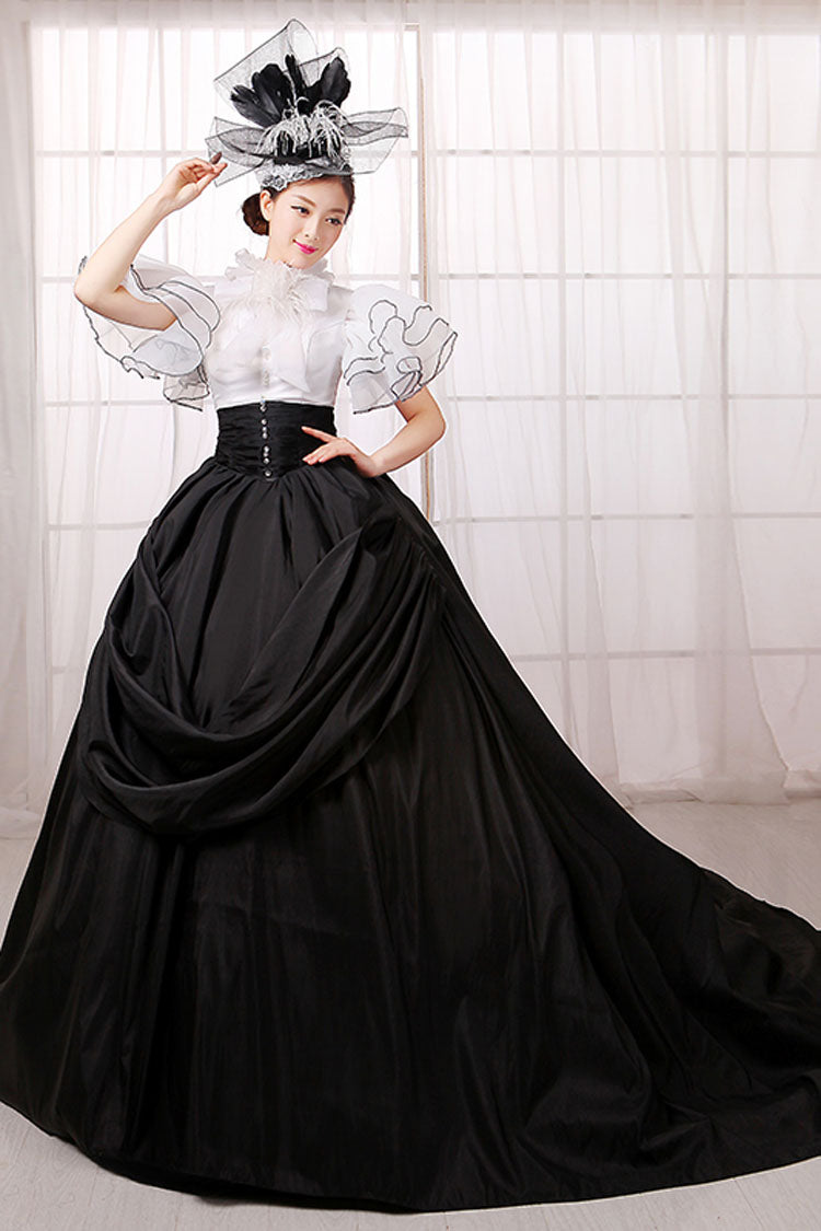 White/Black Stitching Short Sleeves High Waisted Back Zipper Bowknot Victorian Lolita Prom Dress - Product - 2
