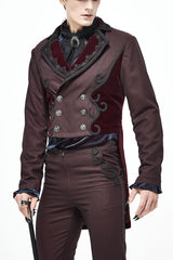 Red Front Floral Webbing Metal Retro Button Weft Velveteen Men's Gothic Tailcoat - Red - 1