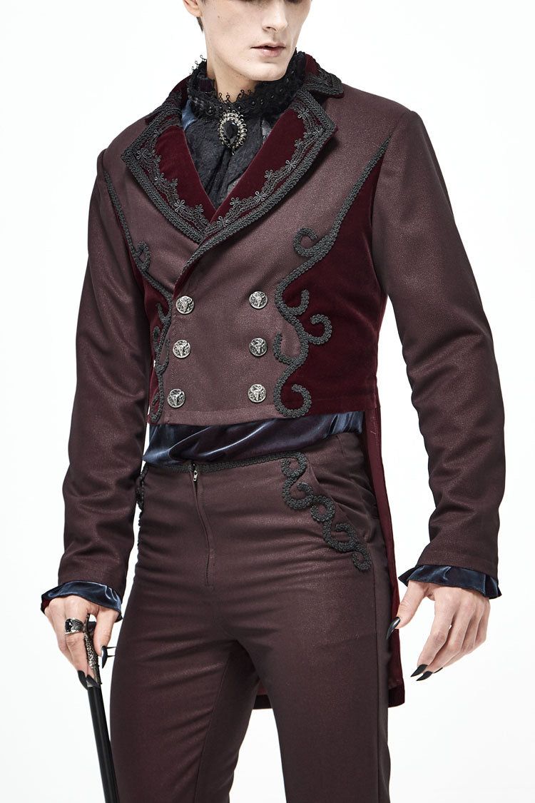 Red Front Floral Webbing Metal Retro Button Weft Velveteen Men's Gothic Tailcoat - Red - 1