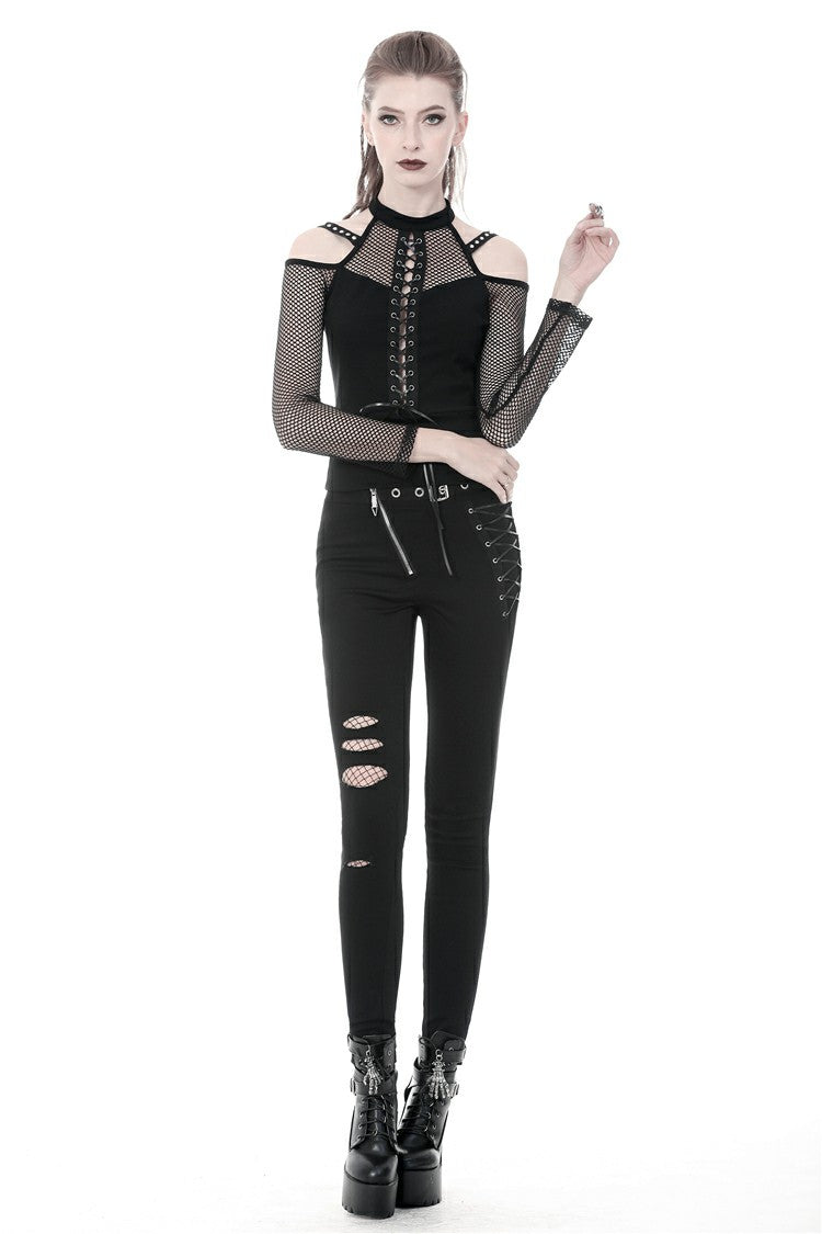 Black Off Shoulder Long Sleeves Lace-Up Mesh Women's Punk Top - Product - 8