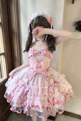 Pink [Love of Gemstones] Sleeveless Triple-Layered Ruffled Bow Lace Pearl-Decorated Sweet Lolita Jsk Dress - Product - 4