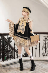 Black/Gold [Saint Child of the Cross] Round Collar Off Shoulder Long Trumpet Sleeves Ruffled Bow Gothic College Style Ouji Lolita Set - Product - 9