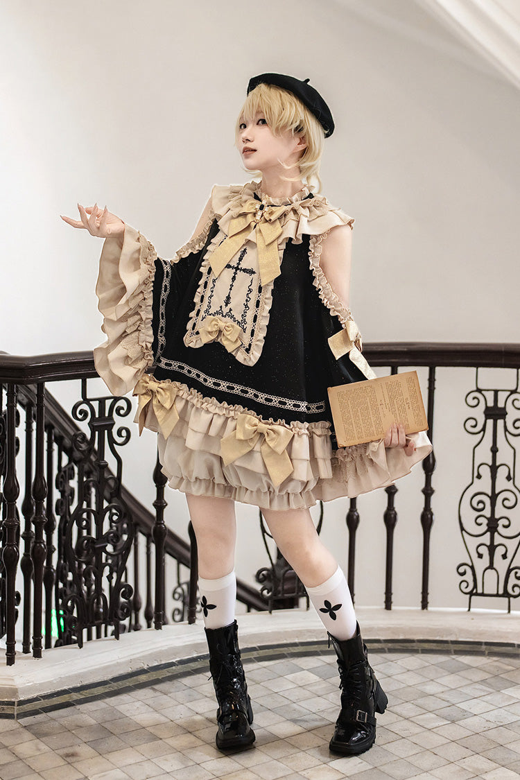 Black/Gold [Saint Child of the Cross] Round Collar Off Shoulder Long Trumpet Sleeves Ruffled Bow Gothic College Style Ouji Lolita Set - Product - 9