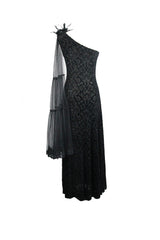 Black One Shoulder Mesh Shawl Feather Lace Decoration Velvet Long Women's Gothic Dress - Product - 8