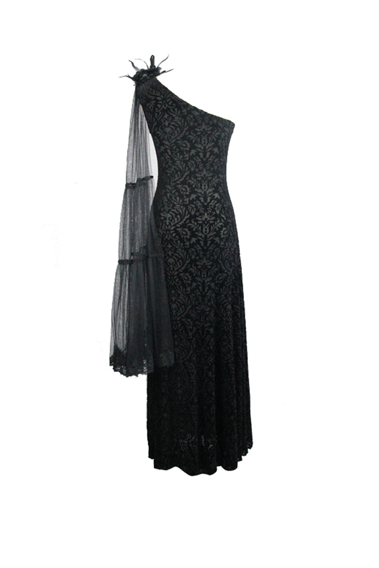 Black One Shoulder Mesh Shawl Feather Lace Decoration Velvet Long Women's Gothic Dress - Product - 8