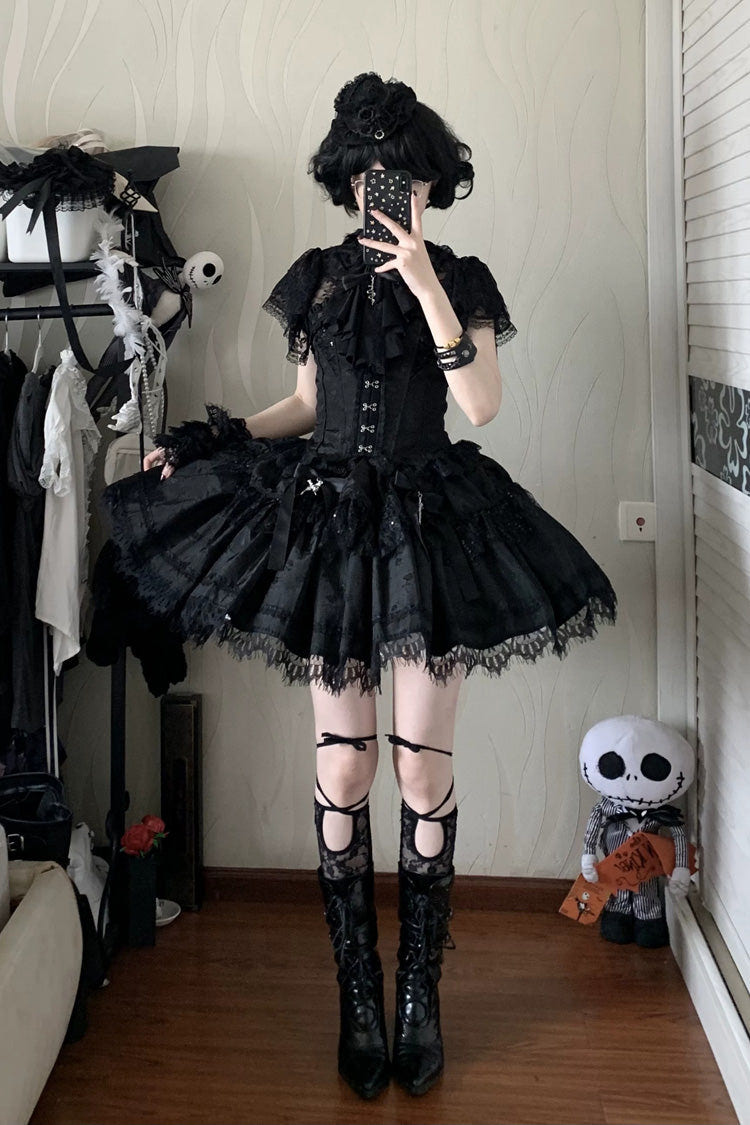 ブラック [Silver Moon Thorn] オフショルダー ノースリーブ ジャカード フリル リボン パッチワーク レース ゴシックロリータスカート ツーピースセット 商品画像