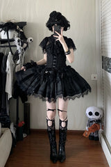 Black [Silver Moon Thorn] Off Shoulder Sleeveless Jacquard Ruffled Bow Patchwork Lace Gothic Lolita Skirt Two-piece Set - Product - 9