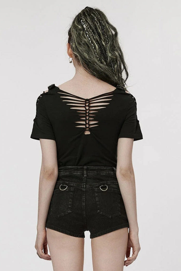 Black Short Sleeves Ripped Womens Steampunk T-Shirt with Adjustable Distressed Shoulders and Chest - Product - 3