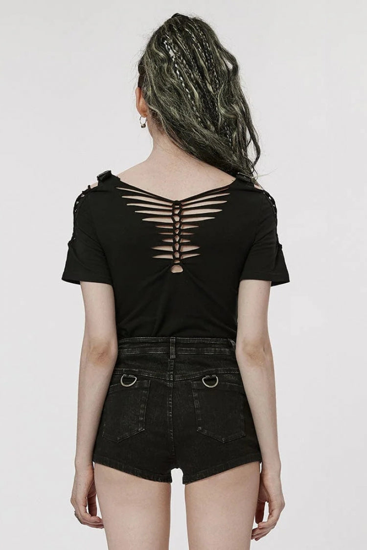 Black Short Sleeves Ripped Womens Steampunk T-Shirt with Adjustable Distressed Shoulders and Chest - Product - 3