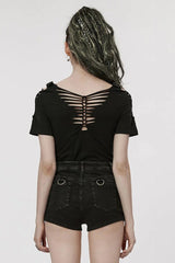 Black Short Sleeves Ripped Womens Steampunk T-Shirt with Adjustable Distressed Shoulders and Chest - Product - 3