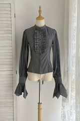 Black [Point Manor] Multi-Layered Striped Printed Ruffled Lifted Hem Bow Gothic Lolita Skirt - Black-Striped-Blouse(Only) - 13