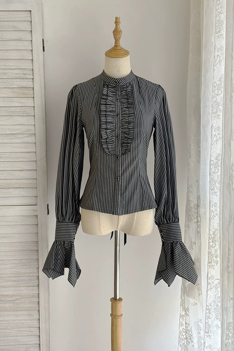 Black [Point Manor] Multi-Layered Striped Printed Ruffled Lifted Hem Bow Gothic Lolita Skirt - Black-Striped-Blouse(Only) - 13