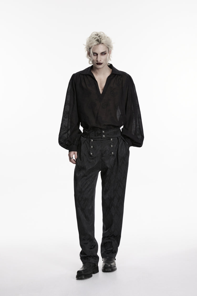 Black Floral Jacquard Men's Gothic Gorgeous Double-breasted Pants - Product - 2