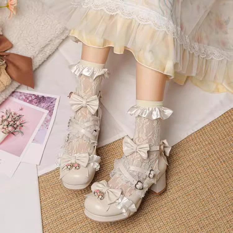 Sweet Bowknot Stitching Lace Princess Lolita High Heels 6 Colors - Beige - 6