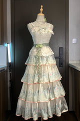 Green [Lilac Thoughts] Sleeveless Gradient Multi-Layered Print Ruffle Bowknot Lace Sweet Lolita Dress Set - Product - 4