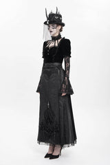 Black Floral Cross Embroidery Chain Women's Gothic Horse-face Long Skirt - Product - 6