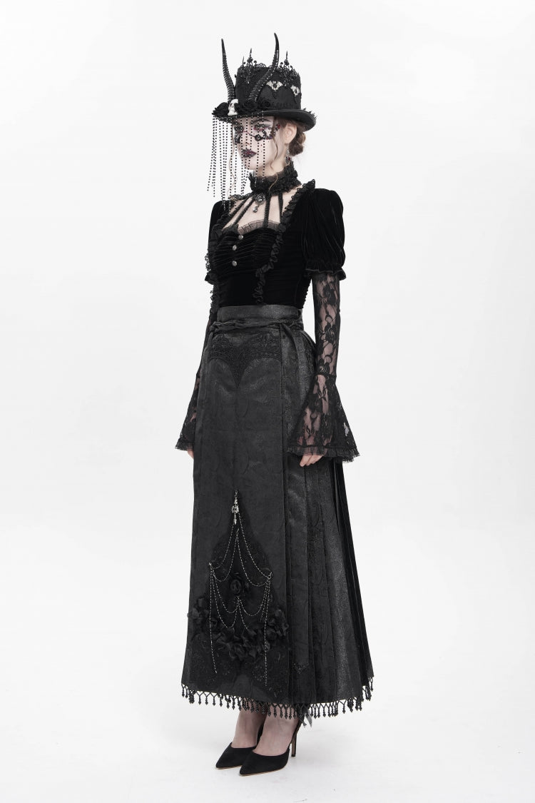Black Floral Cross Embroidery Chain Women's Gothic Horse-face Long Skirt - Product - 6