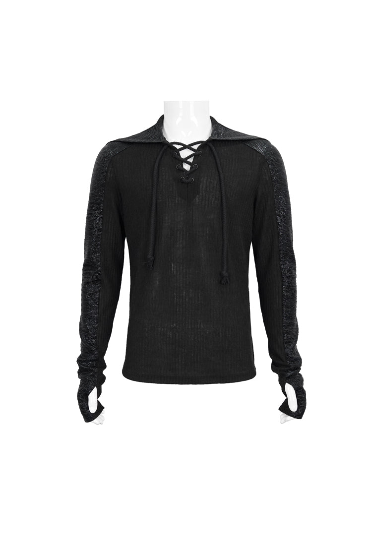 Black Trendy Dark Tether V-Neck Panel Knit Hooded Men's Punk T-Shirt - Product - 6