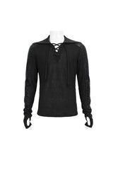 Black Trendy Dark Tether V-Neck Panel Knit Hooded Men's Punk T-Shirt - Product - 6