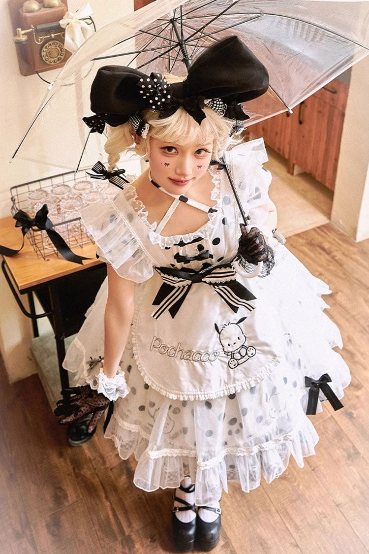White/Black Short Sleeves Pacha Dog Polka Dots Print Ruffle Bowknot Alice Sweet Lolita Dress - Product - 3