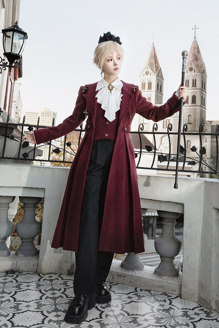 Red [The Legend of Dracula] Bat Collar Long Sleeves Prince Handsome Ouji Lolita Coat - Product - 2