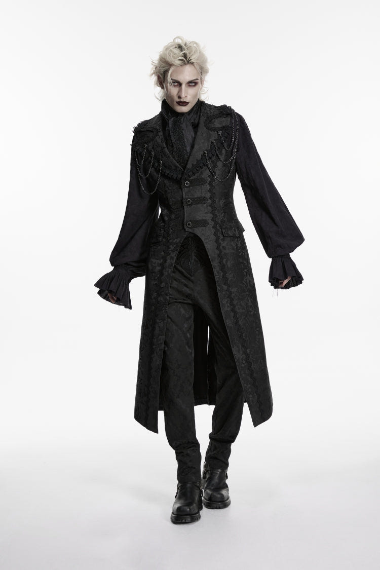 Black Jacquard Chain-Decorated Men's Gothic Long Vest - Product - 4