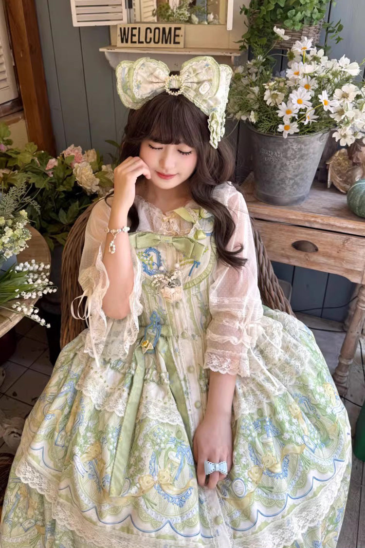 Ivory/Green [Lily of the Valley Perfume] Pearl Candy Tea Doll Collar Sleeveless Printed Lace Plus Size Sweet Lolita Jsk Dress - Product - 9