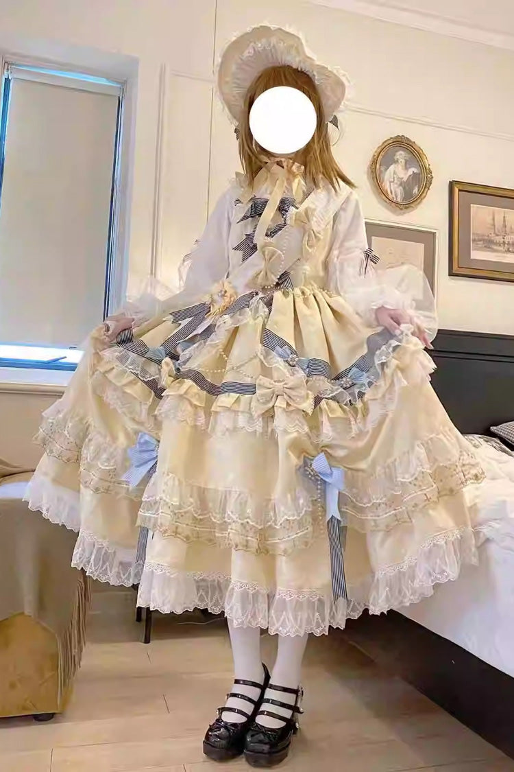 Gold Long Sleeves Multi-Layered Ruffle Bowknot Lace Sweet Princess Lolita Dress - Product - 2