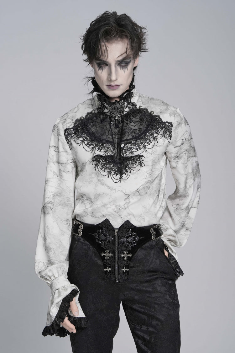 White Stand Collar Long Trumpet Marble Printed Sleeves Embroidered Spliced Men's Gothic Palace Shirt - Black - 1