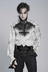 White Stand Collar Long Trumpet Marble Printed Sleeves Embroidered Spliced Men's Gothic Palace Shirt - Black - 1