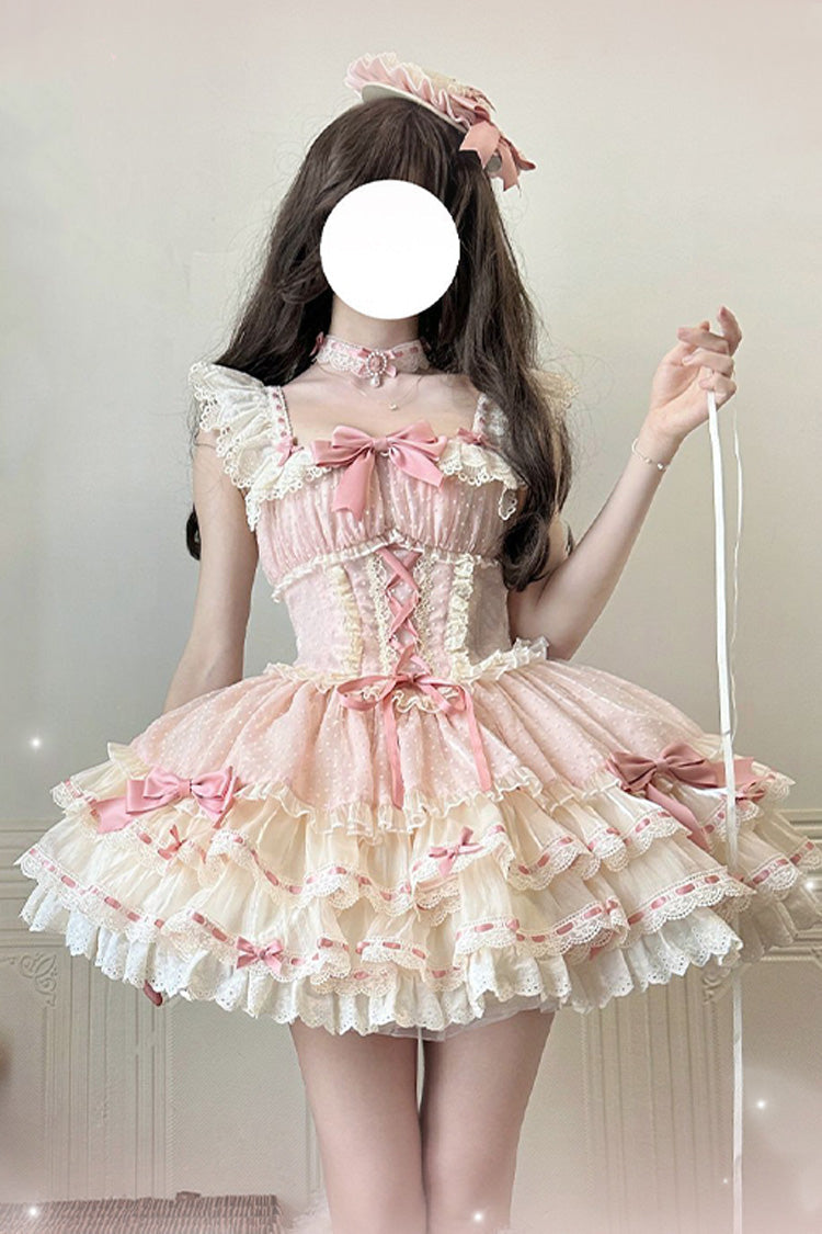 Pink [Flory Butterfly] Double-Layered Ruffle Bowknot Lace Lace-Up Sweet Ballet Lolita Jsk Dress - Pink - 1