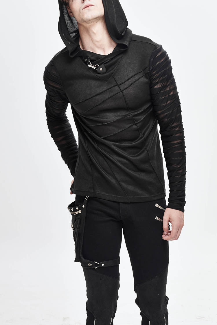 Black Collar Metal Button Irregular Striped Patchwork Bandage Hooded Men's Punk T-Shirt - Black - 1
