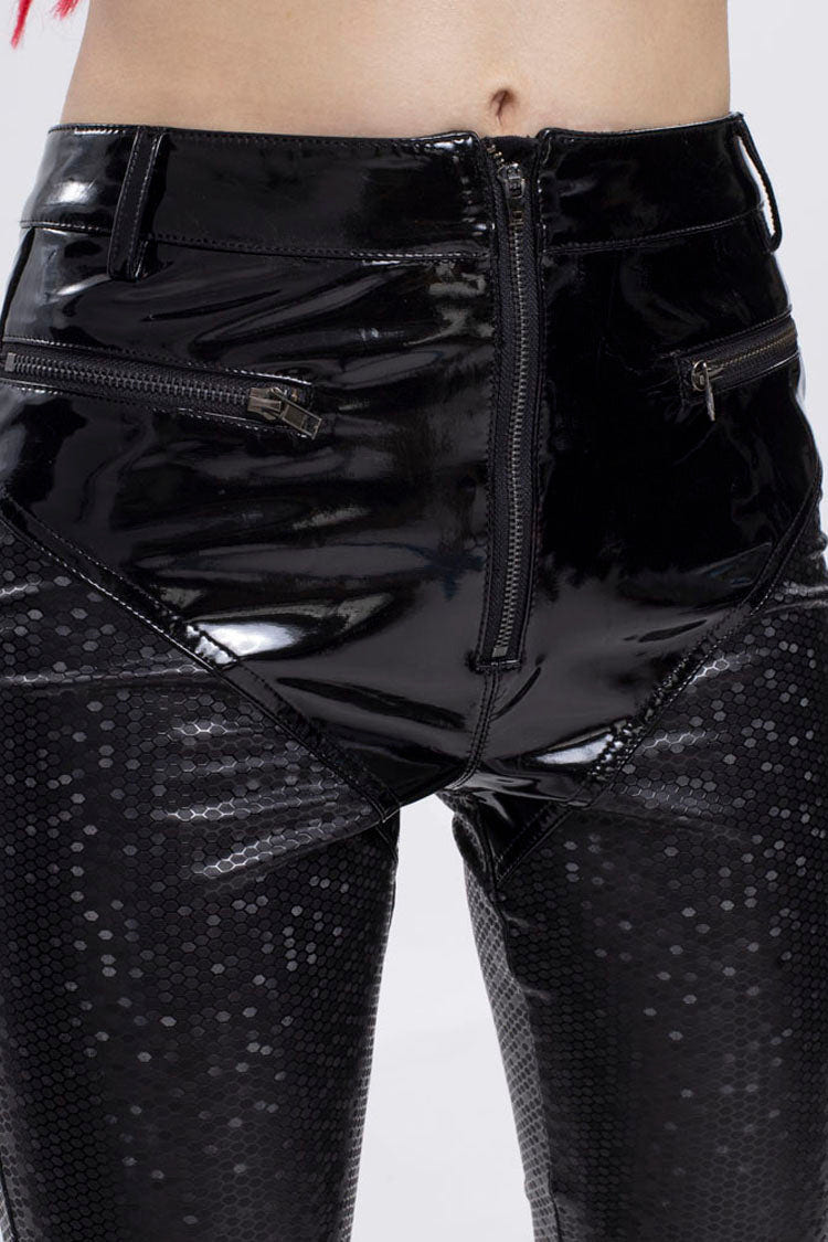 Black Gothic Hexagon Pattern Irregular Star Reflection Shiny Elasticity Leather Women's Leggings - Product - 10