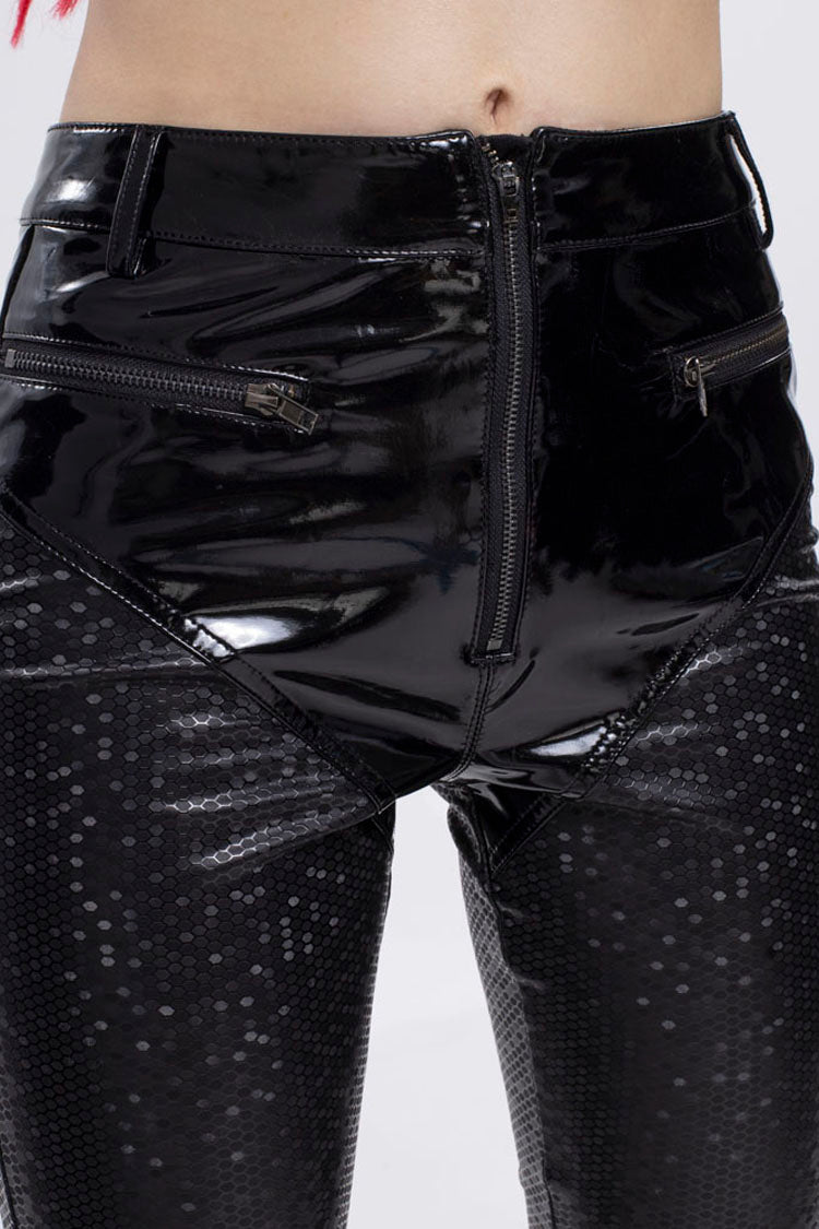 Black Gothic Hexagon Pattern Irregular Star Reflection Shiny Elasticity Leather Women's Leggings - Product - 10