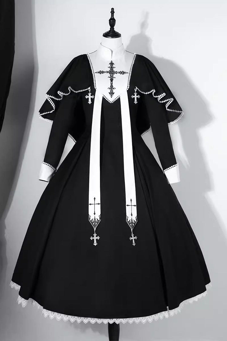 Black [Nun] Long Sleeves Print Stitching Lace Gothic Elegant Lolita Dress - Product - 3